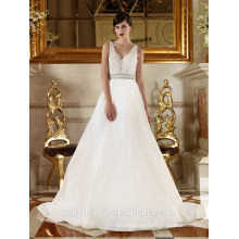 ZM16026 Plus Size Wedding Dress Patterns V-neck Deep Low Back Wedding Dress Ball Gown Sleeveless Beaded Sash Taffeta Gown